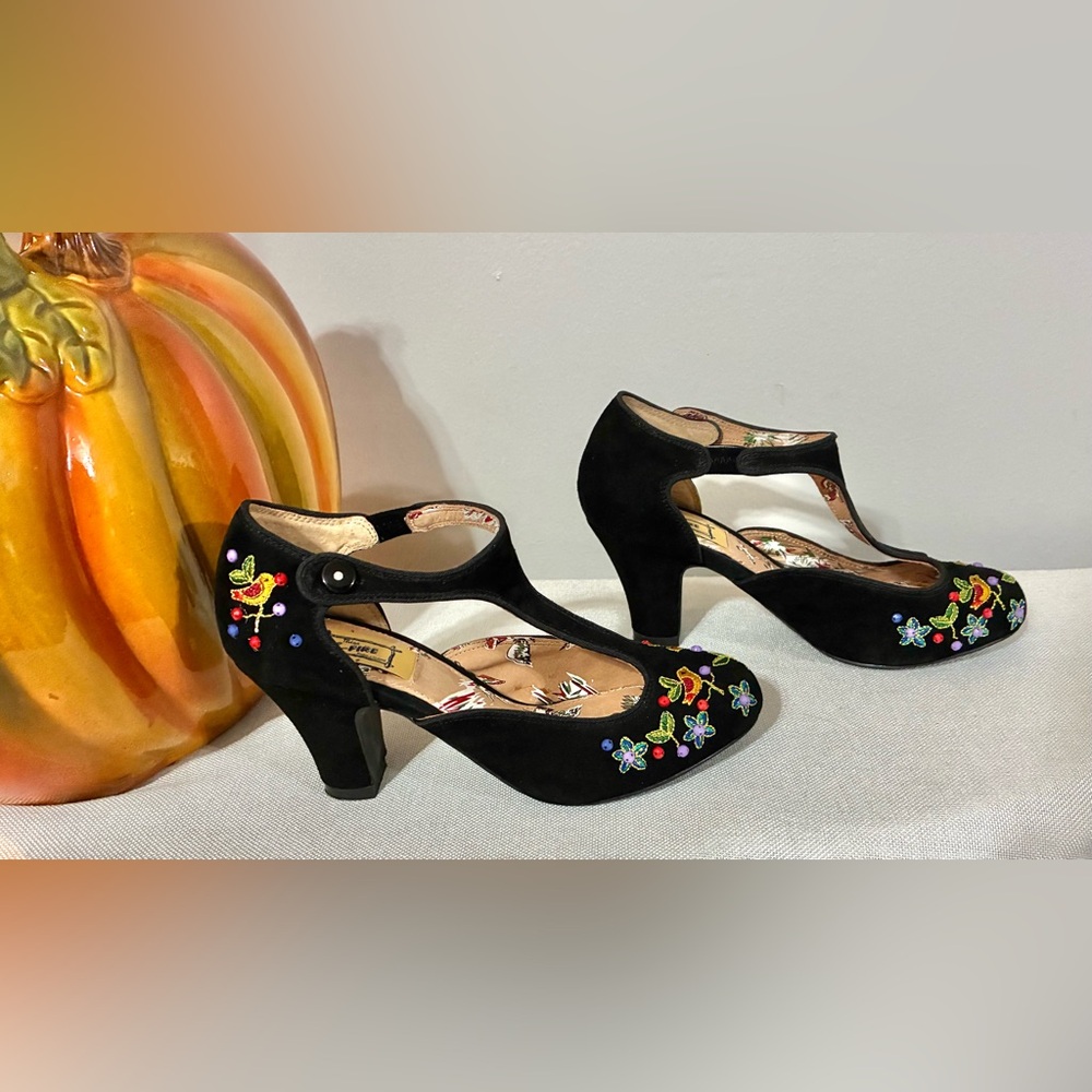 Miss L Fire Size 6 (36) Black Suede Embroidered T-Strap Retro Heels
